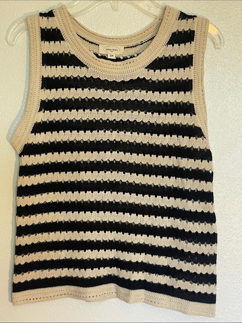 Atelier Evene  Cream and Black Striped Crochet Crewneck Shell